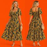 Золотое макси-платье из хлопка с традиционным узором Golden Bloom