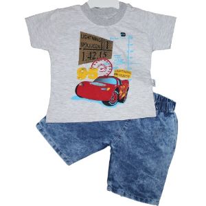 Комплект одежды (футболка с джинсовыми шортами) Akira, рост: 86, 92, 98, 104, цвет: светло-серый/джинс. Костюм для мальчика: футболка с принтом и джинсовые шорты на резинке.