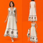 Льняное макси-платье с вышивкой и жилетом