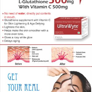 Ultra Wyte 
Anti wrinkle/Anti-aging-
Composition: L-Glutathione-SOOmg, Vitamin C-500mg. 
Indications: Lightens the skin, Gives a rosy white glow, Delays aging, Skin smoother 

Dosage: 1 or 2 sachet per day. 

Presentation: 2gx30 sachet I Box