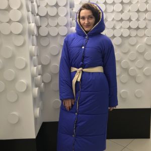 Пуховик зимний двусторонний синий со слоновой костью