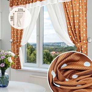 Представляем вам стильные короткие шторы на кухню от бренда ГАЛАНТ, которые станут прекрасным дополнением к вашему интерьеру! Модель выполнена из прочного и практичного репса, который не выгорает на солнце, быстро сохнет и легко стирается. Красивый рисунок в горошек в классическом стиле добавит уют и шарм вашей кухне. Комплект включает в себя две портьеры размером 270х180 см и два подхвата, которые подчеркнут элегантность штор. Ламбрекен, украшающий верхнюю часть штор, придает им завершенный вид и создает ощущение уюта. Шторы прекрасно подойдут для кухни, дачи или детской комнаты, создавая атмосферу тепла и комфорта. Благодаря шторной ленте, установка штор не составит труда.