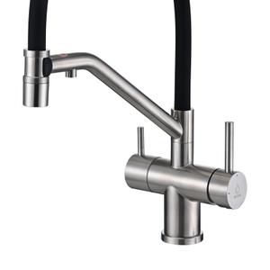 Смеситель для кухни Miyaya 2 в 1 станет стильным и функциональным дополнением вашей рабочей зоны. Модель оснащена гибким изливом с поворотным механизмом, что обеспечивает максимальный комфорт при мытье посуды и заполнении емкостей. Встроенный фильтр для питьевой воды позволит вам наслаждаться чистой и свежей водой прямо из крана.  Смеситель изготовлен из нержавеющей стали и силикона, что гарантирует его долговечность и устойчивость к коррозии.  Керамический картридж обеспечивает плавное управление потоком воды и предотвращает протечки.
