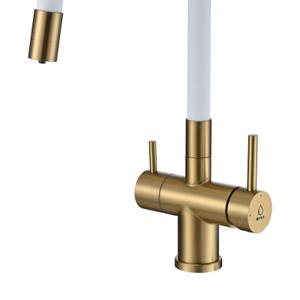 Смеситель для кухни Miyaya с гибким изливом станет стильным и функциональным дополнением к вашей раковине. Модель 2 в 1 оснащена поворотным изливом, что обеспечивает удобство использования и свободу движений. Благодаря керамическому картриджу запорный механизм смесителя отличается высокой надежностью и долговечностью.  Смеситель изготовлен из латуни и нержавеющей стали, что гарантирует его прочность и устойчивость к коррозии.  Гибкий шланг длиной 460 мм позволяет легко дотянуться до любой точки раковины.  Модель Miyaya- это идеальное сочетание дизайна и практичности для вашего дома.