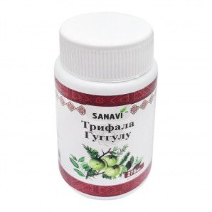 Трифала гуггулу от SANAVI 60 таб.
Трифала гуггулу от SANAVI – аюрведическое средство эффективное при многих заболеваниях. Таблетки, изготовленные на основе растительного сырья, настоянные на целебной смоле гуггулу, поддерживают молодость, регулируют обмен веществ и избавляют организм от зашлакованности.

Трифала гуггулу – основное действие препарата
Препарат прекрасно зарекомендовал себя в борьбе с патогенными микроорганизмами и незаменим при лечении грибковой инфекции различной этиологии. Индийские гомеопатические таблетки действуют подобно антибиотику – борются с различными видами инфекций, снимают боль.

Трифала гуггулу рекомендовано применять при гастрите, панкреатите, язве желудка. Препарат оказывает регенерирующее действие на костную систему, помогая восстановиться после переломов, ушибов и растяжений; незаменим при кожных патологиях (экземе, дерматите, фурункулезе).

«Три плода» – так переводится название основных компонентов Трифала гуггулу:

Амла – неисчерпаемый источник витамина С. Употребление этого плода благотворно воздействует на состояние кожи и волос, омолаживает, очищая кровь от токсинов. Помогает справиться с расстройствами пищеварительной системы.

Харитаки – природный иммуностимулятор. Этот плод Аюрведа советует принимать людям, желающим улучшить память и восстановить мозговую активность.

Бибхитаки – оказывает тонизирующее действие, придает бодрости и сил, справляется с хроническими заболеваниями, защищает от инфекций.

Как использовать:
Лечебный курс - 30 дней. Пить таблетки следует утром и вечером. Суточная доза для взрослых 4 капсулы.

Противопоказания:
С осторожностью необходимо принимать людям, страдающим от аллергии, будущим мамам и кормящим женщинам.

Состав:
Состав Трифала Гуггул: Амла (Phyllantus emblica), Харитаки (Terminalia chebula), Бибхитаки (Terminalia belerica), Пиппали (Piper longum), Черный перец (Piper nigrum), Молотый имбирь (Zingiber officinale), Гуггул (смола) (Commiphora mucul).