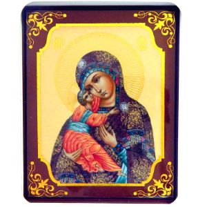 Икона &#34;Владимирская икона Божией Матери&#34;
Золотой орнамент. Покрыта глянцевым лаком. размер 150 х 130 мм.  в упаковке.