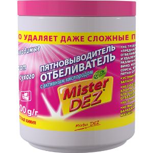 Mister Dez Eco-Cleaning Отбеливатель-пятновыводитель с активным кислородом, 1000 г
Средство специально разработано для эффективного удаления самых сложных пятен и стойких загрязнений, а также для безупречного отбеливания тусклых и пожелтевших вещей. 

•	Удаляет пятна широкого спектра.
•	Подходит для любых белых, цветных, деликатных тканей, а также для детского белья.
•	Не содержит хлор.
•	Эффективен уже при +40 °C.
•	Сохраняет цвет и не повреждает волокна ткани.
•	Устраняет неприятные запахи, обладает дезинфицирующими свойствами.
•	Гранулированная форма не пылит и не раздражает слизистую носа при вдыхании.