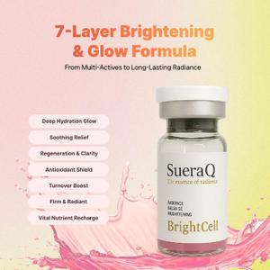 SUERAQ BrightCell

7-уровневая система осветления и антиоксидантной защиты

BrightCell — это комплексная формула для коррекции пигментации и выравнивания тона кожи.

Содержит:

Глутатион

Ниацинамид

Комплекс из 64 активных компонентов (витамины, минералы, аминокислоты)

Гиалуронат натрия

Медный пептид

Формула работает на нескольких уровнях:

подавляет выработку меланина

уменьшает тусклость

защищает от оксидативного стресса

поддерживает барьер кожи

Подходит для:

тусклой кожи

гиперпигментации

поствоспалительных пятен

реактивной и чувствительной кожи

Объем: 5 мл × 5 флаконов
