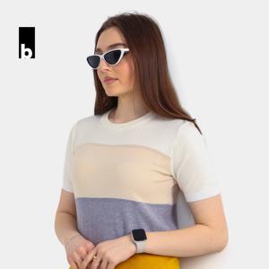 Вязаная футболка колор-блок (молочный-бежевый-серый-горчичный)