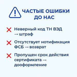 Частые ошибки клиентов

На изображении — типичные проблемы, с которыми сталкиваются компании при импорте и оформлении груза: некорректный код ТН ВЭД, отсутствие нотификации ФСБ, просроченные сертификаты. Эти ошибки приводят к штрафам, возврату товара и задержкам. Мы помогаем избежать таких ситуаций — проверяем всё до подачи и берём оформление под контроль.