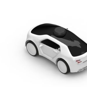 Детская игрушка, машинка T-car (Титойз)с управлением поворотом колес. Развивающая игрушка для детей от 3-х лет. Белого цвета. Открытые двери, цветные колеса. Вид сзади.
