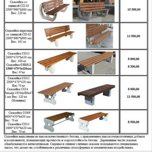 Уличная мебель. Парковые городские скамейки по доступным ценам со спинками и без спинок. Скамейки на бетонных ножках, парковые и садовые скамейки, места для отдыха хватит всем!
Скамейка со спинкой СП01. Размер: 2000*900*h900 мм. Вес 185 кг. 17000,00
Скамейка со спинкой СП02. Размер: 2000*680*h900 мм. Вес: 165 кг. 14500,00
Скамейка со спинкой СП03. Размер: 2000*960*h860 мм. Вес: 220 кг 15500,00
Скамейка СО14 без спинки. Размер: 1950*480*475 мм. Вес: 120 кг. 11500,00
Скамейка СО13 без спинки. Размер: 2000*470*420 мм. Вес: 100 кг. 8800,00
Скамейка СО13.1 без спинки. Размер:1500*470*420 мм. Вес: 100 кг.8300,00
Скамейка СО12 без спинки. Размер: 2000*470*420 мм. Вес: 70 кг.  8800,00
Скамейка СО12.1 без спинки. Размер: 1500*470*420 мм. Вес: 70 кг .8300,00
Скамейка СО11 без спинки. Размер: 1600*450*420 мм. Вес: 70 кг. 8000,00
Скамейка СО09 без спинки. Размер: 1600*450*420 мм. Вес: 100 кг. 8300,00