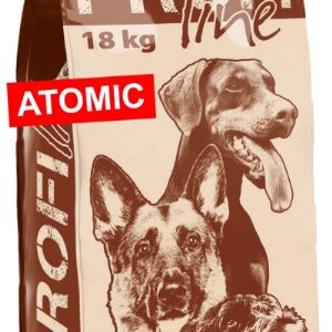 Полнорационный сухой корм PREMIL Atomic для взрослых  очень активных собак и для рабочих собак с большими физическими нагрузками всех пород и величины.                                                                                                                                      Состав: Дегидрированная смесь легко усвояемого мяса (мясо утки и индейки мин. 30%), побочные продукты животного происхождения (гемоглобин), зерновые (которые не содержат глютен, что снижает возможность появления аллергий), зерновые побочные продукты (обеспечивают необходимое количество целлюлозы),  куриный жир и растительные масла (комбинация которых обеспечивает качественные жирные кислоты и энергию для роста и работы), растительные продукты,  пивные дрожжи (влияют на качество шерстного покрова), лецитин (влияет на образование качественных кровяных сосудов), Омега 6 и Oмега 3 жирные кислоты (DHA обеспечивает хорошую память, концентрацию и внимание).  Добавки: Витамины, минералы, антиоксиданты .МИНИМУМ 81% протеинов животного происхождения.