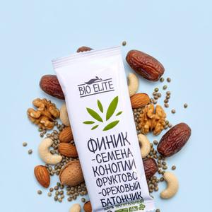 Фруктово-ореховые батончики  BIO Elite Финик-Семена конопли. Вес 35г.