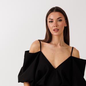 Блуза:
приталенный силуэт
выполнена из костюмной ткани,                        
открытые плечи  на бретелях со спущенными рукавами "фонариками".          
Размерный ряд от 42 до 46