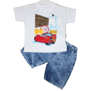 Комплект одежды (футболка с джинсовыми шортами) Akira, рост: 86, 92, 98, 104, цвет: белый/джинс. Костюм для мальчика: футболка с принтом и джинсовые шорты на резинке.