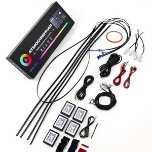 Контурная подсветка "Ambient light" салона автомобиля (black) 64 цвета (18 источников света) с приветствием
Сделайте свои поездки яркими и увлекательными с помощью данного комплекта подсветки для салона автомобиля. Поможет зарядить Ваш автомобиль атмосферой уюта и стиля.

Данная темная версия многоцветной LED "Ambient Light" подсветки салона автомобиля включает те же 18 элементов, гармонично сочетающих контурное и фоновое освещение, но с затемненными полосами.

Подсветка поддерживает множество красивых режимов переливания, которые создают незабываемую атмосферу в салоне вашего автомобиля.
Вы можете легко настроить индивидуальные эффекты с помощью смартфона, выбирая из 16 миллионов цветов, регулировки яркости и музыкального режима.

Также подсветка имеет режим приветствия, который включается при запуске зажигания и эффектно переливается по всей системе освещения.

Управление осуществляется двумя способами:
- Приложение (LAMP&amp;FRGN) - QR-код вы можете найти в инструкции или на блоке управления;
- Кнопка переключения режимов.

Если лента оказалась слишком длинной, её можно укоротить с помощью ножниц в любом месте.

Комплект:
- Диодная лента на панель - 2 штуки (90 см и 20 см)
- Диодная лента для дверей - 4 штуки (75 см)
- Подсветка дверных ручек - 4 штуки
- Подсветка дверных карт - 4 штуки
- Подсветка ног - 4 штуки
- Блок управления - 5 шт
- Кнопка переключения режимов - 1 шт
- Клейкая лента - 1шт.
- Комплект проводки.