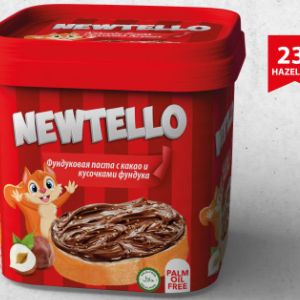 NEWTELLO ПАСТА КАКАО-ОРЕХОВАЯ С КУСОЧКАМИ ФУНДУКА, 400 гр. (пл. конт. с ручкой)