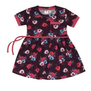 Разноцветное платье с преобладающими бордовым и коралловым и ярким цветочным принтом. Модель достаточно простая и удобная: рукав короткий, юбка- солнце-клёш. Платье подходит для детского сада.
