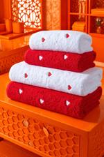 Роскошный Комплект Полотенец с Сердечным Узором (4 предмета) — Элегантное сочетание красного и белого