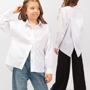 Блузка Соль&amp;Перец модель оверсайз для девочек и подростков на пуговицах. Удлиненная ассиметричная спинка, плечо немного приспущено, рукава заканчиваются манжетой.
Состав: 100% хлопок
р-р: 134-164