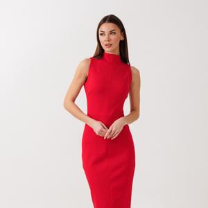 Платье миди (ткань джерси):  
– приталенный силуэт  
– потайная молния по середине спинки  
– разрез снизу по спинке  
– без рукавов  
– горловина-стойка
Состав: 65% вискоза,30% нейлон,5% эластан
Размерный ряд 42-46