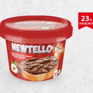 NEWTELLO ПАСТА КАКАО-ОРЕХОВАЯ С КУСОЧКАМИ ФУНДУКА, 300 гр. (пл. конт. с ручкой)
