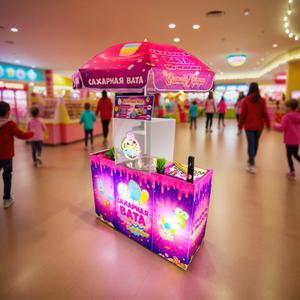 CANDYMAN ELECTRO «Островок» — мобильная точка «под ключ» для уличной торговли и мероприятий: аппарат с вертикальной подачей нити + рабочее место, хранение, реклама и защита. Быстро собирается, удобно перевозится и рассчитан на запуск продаж без долгих доукомплектаций.