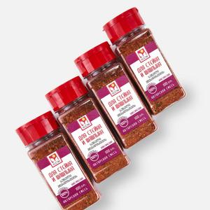 Состав: соль поваренная пищевая молотая (сорт высший, помол №1), перец красный сладкий молотый паприка, кориандр молотый, горчицы (семя), зира (семя), перец черный (горошком), перец красный острый чили (кусочки), чеснок сушеный гранулированный, томаты сушеные (кусочки).
Пищевая ценность (средние значения) в 100 г продукта:
КБЖУ 302,5; 14,6; 13,2; 36,5.