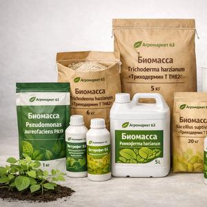 Биотехнологические препараты содержат живые микроорганизмы и продукты их жизнедеятельности. Они используются для защиты растений от болезней, вызываемых грибными и бактериальными возбудителями. Препараты обладают широким спектром действия и позволяют защитить растения от следующих болезней:

плесневение семян;
корневые гнили;
снежная плесень;
мучнистая роса;
бурая роса;
фитофтороз;
альтернариоз;
фузариоз;
фомоз;
кокомикоз;
бактериозы;
различные виды пятнистостей и гнилей.

Биомасса Pseudomonas aureofaciens PA19 — полифункциональный активный биологический комплекс широкого спектра действия.Состав: клетки культуры микроорганизмов Pseudomonas aureofaciens и продукты их метаболизма (биологически активные вещества). Концентрация — не менее 4×10^9 КОЕ/мл. Фасовка: канистра — 1 л, 5 л, 20 л. Срок годности: 6 месяцев.

Биомасса Trichoderma harzianum — полифункциональный активный биологический комплекс широкого спектра действия. Состав: споры и мицелий грибов Trichoderma harzianum subsp. trigo штамма TH82 и продукты их метаболизма, биологически активные вещества. Концентрация — не менее 2×10^9 КОЕ/г. Фасовка: Срок годности: 24 месяца.
Zip‑Lock‑пакет — 1 кг;
бумажный мешок — 5 кг.

Биомасса Trichoderma harzianum — полифункциональный активный биологический комплекс широкого спектра действия. Состав: споры и мицелий грибов Trichoderma harzianum subsp. trigo штамма TH82 и продукты их метаболизма, биологически активные вещества. Концентрация — не менее 2×10^9 КОЕ/г. Фасовка: Срок годности: 24 месяца.
Zip‑Lock‑пакет — 1 кг;
бумажный мешок — 5 кг, 20 кг.

Биомасса Bacillus subtilis — полифункциональный активный биологический комплекс широкого спектра действия. Состав: живые клетки и споры бактерий Bacillus subtilis штамма BS26 и продукты их метаболизма (фитогормоны, аминокислоты, антибиотик). Концентрация — не менее 5×10^10 КОЕ/г. Фасовка: Срок годности: 24 месяца.
Zip‑Lock‑пакет — 1 кг;
бумажный мешок — 5 кг, 20 кг.

Биомасса Bacillus subtilis — полифункциональный активный биологический комплекс широкого спектра действия. Состав: живые клетки и споры бактерий Bacillus subtilis штамма Т BS 26 и продукты их метаболизма (фитогормоны, аминокислоты, антибиотик). Концентрация — не менее 5×10^10 КОЕ/г. Фасовка: Срок годности: 24 месяца.
Zip‑Lock‑пакет — 1 кг;
бумажный мешок — 5 кг.