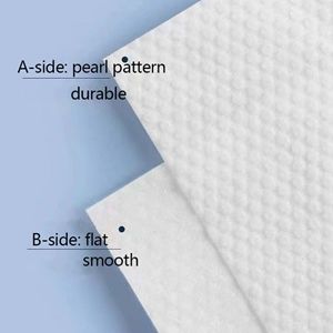 The products are made into small pieces,so that you can easily take along when travelling around.
One side of the tissue is smooth and the other side is pearl pattern.This design increases the friction when wiping.