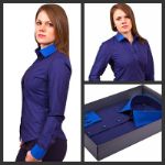 Темно синяя женская рубашка с комбинированным воротником