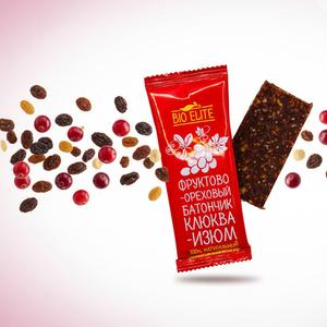 Фруктово-ореховые батончики  BIO Elite Клюква-Изюм. Вес 35г.