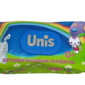 Салфетки влажные TM UNIS 100 шт.  для детей без запаха с клапаном Россия