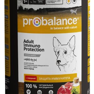 Полнорационный сбалансированный консервированный корм премиум класса для собак с функцией защиты иммунитета. Рацион рекомендован для ежедневного кормления взрослых собак всех пород.

Консервированный корм Probalance Immuno Рrotection создан  практикующими датскими ветеринарами.

Особенности корма Probalance Immuno:

Рацион обогащен витаминно-минеральным комплексом и при регулярном кормлении способствует защите и укреплению иммунитета и дополнительно.
В составе только натуральные продукты (мясо и овощи), без Е-консервантов и красителей.
Все компоненты идеально сбалансированы под потребности организма питомца.
Высокие потребности в белке обеспечиваются за счет качественного мяса, которое положено в основу корма.
Корма Probalance – баланс вкуса и пользы. Премиальное сбалансированное питание  с учетом возраста и индивидуальных особенностей вашего питомца. Сырье от проверенных европейских поставщиков, многоступенчатый контроль производства обеспечивают высокое качество продукта.