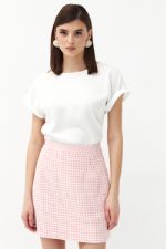 Короткая розовая юбка из твида с принтом гусиная лапка Cloxy CL-С4530-4 Розовый/молочный