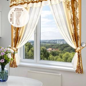 Представляем вам стильные короткие шторы на кухню от бренда ГАЛАНТ, которые станут прекрасным дополнением к вашему интерьеру! Модель выполнена из прочного и практичного репса, который не выгорает на солнце, быстро сохнет и легко стирается. Красивый рисунок в горошек в классическом стиле добавит уют и шарм вашей кухне. Комплект включает в себя две портьеры размером 270х180 см и два подхвата, которые подчеркнут элегантность штор. Ламбрекен, украшающий верхнюю часть штор, придает им завершенный вид и создает ощущение уюта. Шторы прекрасно подойдут для кухни, дачи или детской комнаты, создавая атмосферу тепла и комфорта. Благодаря шторной ленте, установка штор не составит труда.