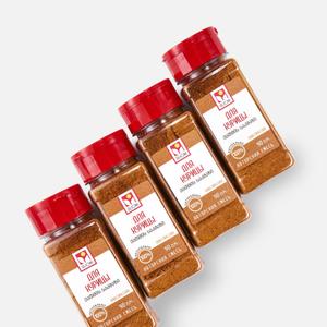 Состав: соль поваренная пищевая молотая (сорт высший, помол №1), перец красный сладкий молотый паприка, чеснок сушеный гранулированный, карри молотый, кориандр молотый, перец черный молотый, куркума молотая, горчица молотая, розмарин измельченный, перец красный молотый чили.
Пищевая ценность (средние значения) в 100 г продукта:
КБЖУ 312,5; 14,8; 13,6; 37,2.