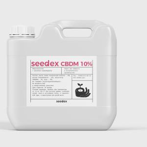 SeedExCBDM-10%. Водорастворимая микроэмульсия (нано-эмульсия) «SeedExCBDM» на основе масла МСТ с содержанием изолята каннабидиола (CBD), жидкость белого,  молочного цвета, характерный для растительного продукта вкус и запах (консистенция, цвет и запах зависят от количественного ввода масличной основы и изолята каннабидиола), растворяется в водных основах. Размер частиц до 300 нм.