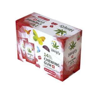 Hempfy chewing gum goji-ginger

Ingredients: sweeteners: sorbitol, isomalt, maltitol syrup, acesulfame K, sucralose; gum base gum base (vitamin E, antioxidant: E 306); glycerin humectants (E 422,  E 1518); acids: citric acid, malic acid; thickener: gum arabic; natural  flavourings; sweet potato concentrate; glazing agent: carnauba wax; natural cannabis sativa flavouring; black carrot concentrate.

Nutritional value per 100 g: Energy 726 kj (174 kcal), fat 0.9 g, of which saturated 0.9 g, carbogadrate 68 g, of which sugar &lt;0.1 g, of which polysols 67 g, proteins &lt;0.5 g, salt 0.01 g.