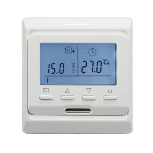 Терморегулятор Е-51, предназначается для регулирования и поддержания температуры в пределах от 5 С до 90С во внутренних помещениях зданий.
Технические данные: Рабочее напряжение: 220В.
Ток нагрузки: 16А.
Имеет выносной датчик температуры пола (длина 3 метра), а также встроенный датчик температуры воздуха.

Диапазон температур: от 5С - до 90С.
Уровень защиты и влагостойкости: IP20.
Датчик температуры: строенный, выносной датчик
Особенности: ЖК экран с подсветкой.

Удобное управление.
Возможно запрограммировать работу одного датчика на выбор либо сразу оба. Эта функция делает терморегулятор универсальным, т.к. он может считывать температуру и с пола и с воздуха в том месте где он установлен.
Программирование 6 режимов работы в течение дня.
Функция блокировки кнопок защищает от непреднамеренного нажатия каких либо кнопок.
Встроенные часы.
Габаритные размеры: (Ш х В х Г) 86 х 86 х 38.
Гарантия производителя 1 год.