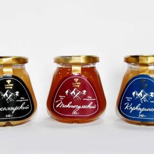 Различные сорта натурального мёда торговой марки «Ala-Too Honey» (Кыргызстан), наших партнёров, в стеклянных банках по 340 гр
