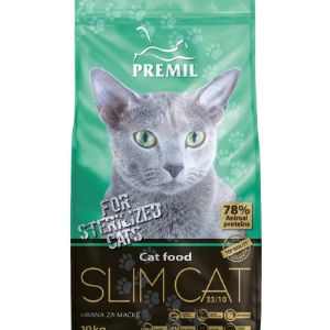 Полнорационный сухой корм PREMIL Slim Cat для стерилизованных кошек и малоподвижных кошек с излишним весом. Корм сбалансирован для не очень активных кошек, а также кошек, которые легко набирают вес (стерилизованные и кастрированные кошки). Производится комбинированием  протеинов животного происхождения, полученных из высококачественного мяса, и легко усвояемых зерновых. Высокое содержание протеинов и низкий уровень жиров обеспечивает поддержание мышечной массы с контролем веса. Присутствие волокон (целлюлозы) облегчает пищеварение и способствует выделению шариков скатанной шерсти. Хорошее рН значение корма предупреждает формирование камней в мочевых путях.                                                                                                                                                                                                                  Состав: переработанный протеин куриного мяса и мяса индейки, кукуруза, рис, растительные масла холодного отжима, куриный жир, свекловичная стружка, целлюлоза, обезвоженная гидролизованная печень, дрожжи, морские водоросли, экстракт юкки (Yucca Schidigera), таурин, хлорид калия. Протеины (%) 33, Жиры (%) 10, Сырые волокна (%) 2,3, Сырой пепел (%) 6,8, Кальций (%) 1,5, Фосфор (%) 1, Натрий (%) 0,4, Витамин А (мг) 18000, Витамин D3 (мг) 1500, Витамин Е (мг ) 200, Витамин Б1 (мг) 7,5, Витамин Б2 (мг) 6,2, Витамин Б6 (мг) 6, Витамин Б12 (мг) 50, Биотин H2 (мг) 225, Пантотеновая кислота (мг) 18, Ниацин (мг) 42, Витамин C (мг) 100, Фолиевая кислота (мг) 1,4, Хлорид холина (мг) 2010, Железо (мг) 150, Марганец (мг) 15, Медь (мг) 18, Цинк (мг) 150, Йод (мг) 1,8, Селен (мг) 0,2, Магний (мг) 0,1, Таурин (мг/кг) 2000.