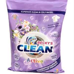 Универсальный стиральный порошок Becky&#39;s Clean Active с нежным ароматом луговых цветов. Мягкая упаковка 400 гр, 2 кг. Производство Индия.