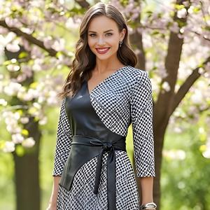 Платье в клетку с жилетом из кожи от бренда SelenaSonata. Модель полуприлегающего силуэта, выполнена из трикотажного полотна в сером цвете. V- образный вырез горловины. Рукав втачной,  длиной 3/4. Эффектная модель для Вашего стильного гардероба. Рекомендуется бережная стирка при 30 градусах.