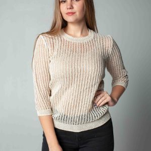 Джемпер из льна 4-243а серебряный люрекс
Состав: 95% лен, 5% люрекс (пряжа) 
Длина изделия: 60 см. с 44-52 р., 65 см. с 54-56 р. Допустимые отклонения +- 2-3 см. 
Длина рукава: 46 см. 
Рекомендуемый размер: 42-56 р.