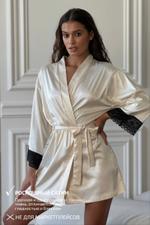 0034-NB БЕЖЕВЫЙ ХАЛАТ С ЧЕРНЫМ КРУЖЕВОМ