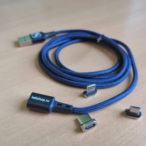 Кабель магнитный LWBshop Magnet Cable 1м красный, синий, черный. Кабель для зарядки максимально удобен и безопасен в использовании, особенно за рулем автомобиля. Производитель данного провода учел и исправил все болячки привычных нам кабелей. Подсветка на кабеле поможет найти кабель в темноте. Магнитная фиксация сохранит гнездо зарядки телефона, надежно зафиксирует кабель. Случайно зацепившись за кабель, вы не уроните телефон на пол. Нейлоновая оплетка делает кабель устойчивым к механическим повреждениям. Изделие совместимо со всеми мобильными устройствами.
в комплекте идет набор разъемов для всех типов мобильных устройств, а именно Type-C, Apple, MicroUSB Товар в наличии на складе в Рязани