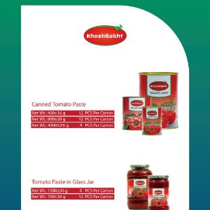Khoshbakht Tomato Paste
Iranian Tomato paste available for Export

Packing: Canned Wt.: 400 g, 800 g, 4000 g.
packing: Glass Jar Wt.: 700 g, 1500 g.

Export Department

Mobile / WhatsApp: +
Email: 



