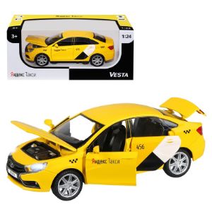 Машинка металлическая Яндекс.Такси, инерционная, коллекционная модель LADA VESTA, цвет желтый, масштаб 1:24, открываются 4 двери, капот, багажник, озвучено ЯНДЕКС.ТАКСИ, свет, звук